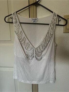 bebe Vintage White V-Neck Tank with Silver Beaded Fringe